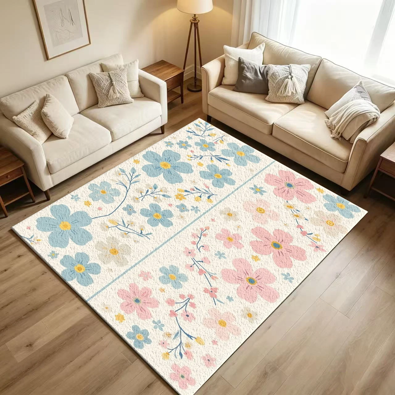 Soft Pastel Pink Blue Floral Carpet Flooring Cute Vintage Flower Branch Seamless Pattern Printed Floor Rug for Household Indoor Home Aesthetic Decor