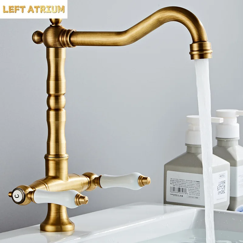 Faucet for Kitchen Dual Handle Antique Brass Retro Faucet 360 Degree Rotation Kitchen Sink Taps Deck Mounted Bathroom Sink Mixer