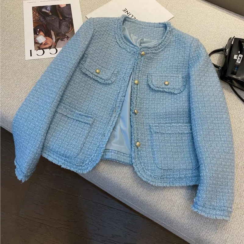 

Blue women's coarse tweed jacket autumn/winter socialite tassel design small fragrant jacket unique classic top