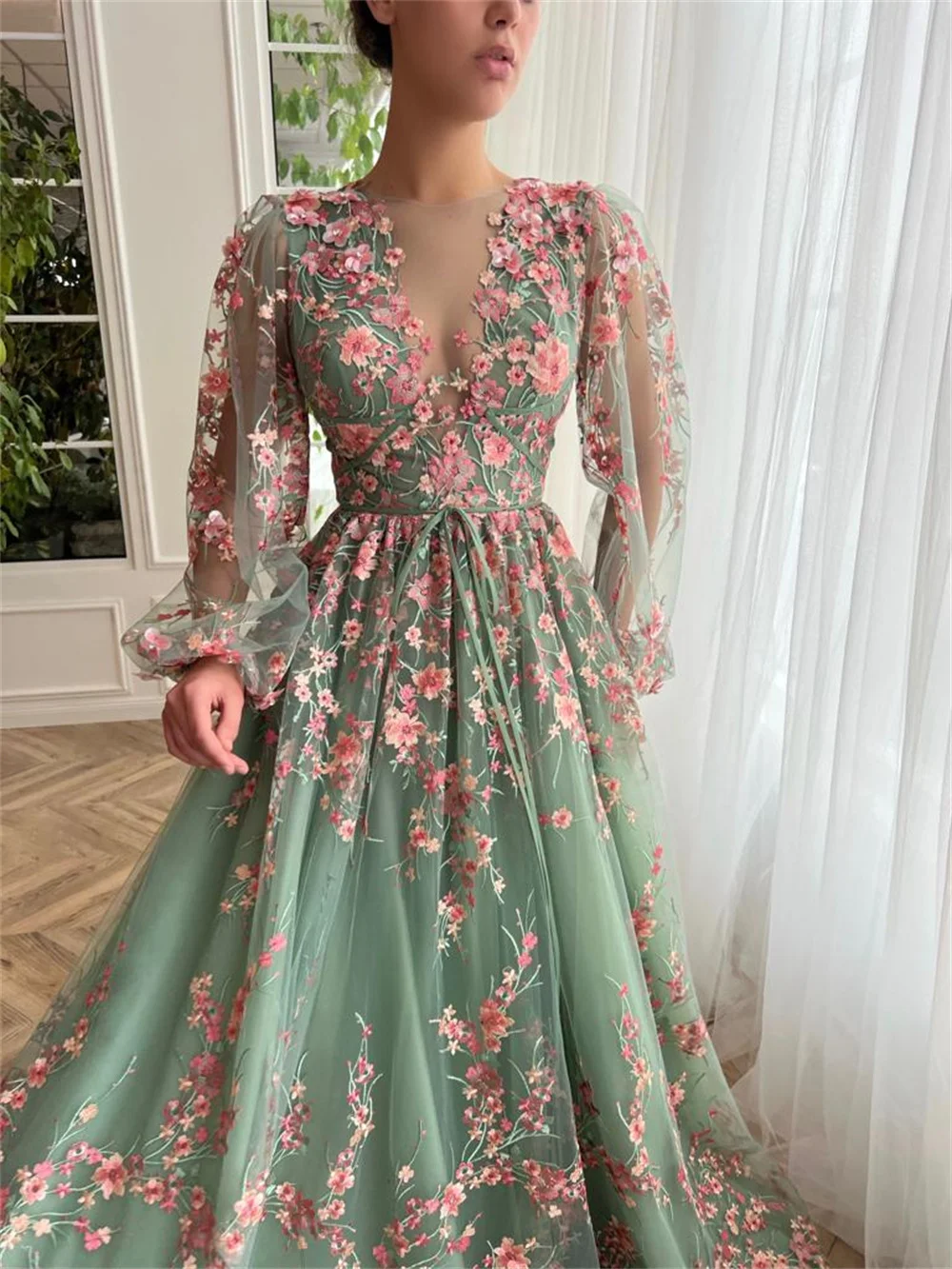 Cathy Customized Flowers Embroidery V-Neck Prom Dress Long Illusion Sleeves vestidos de noiva Floor-Length Evening Dresses 2025 image 3