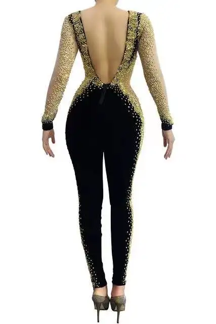 Evening Birthday Backless Black Velvet Leggings Women Dancer Bar Costume Gold Rhinestone Long Sleeve Transparent Jumpsuit