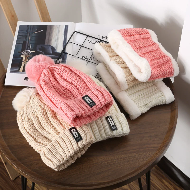 

H7 Wool Hat Women's Knitted Double-layer Warm Thickened Wool Ball Knitted Hat Outdoor Travel Bib Hat Female Skullies Hat Beanies