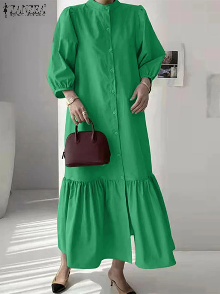 ZANZEA Puff Sleeve Elegant Maxi Dress 2025 Spring Solid Ruffled Hem Women Vestidos Stylish Loose Casual Stand Collar Shirt Dress