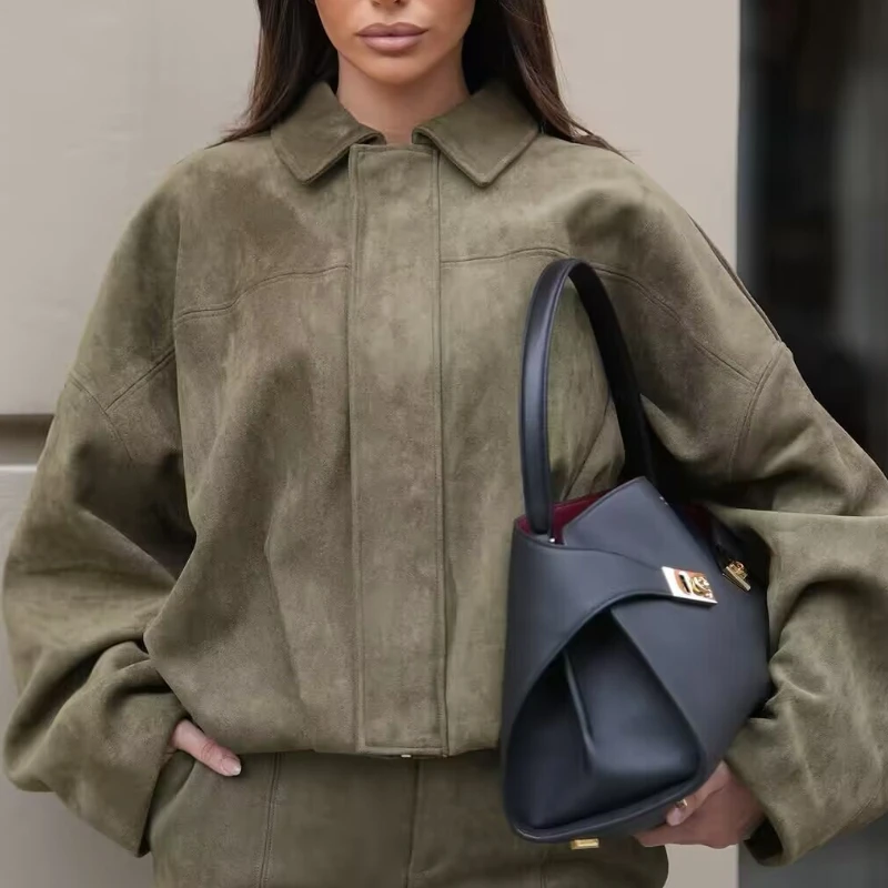 

Women's Clothing 2025 New Fashion Bat Sleeve Design Zipper Suede Texture Jacket Jacket Jacket