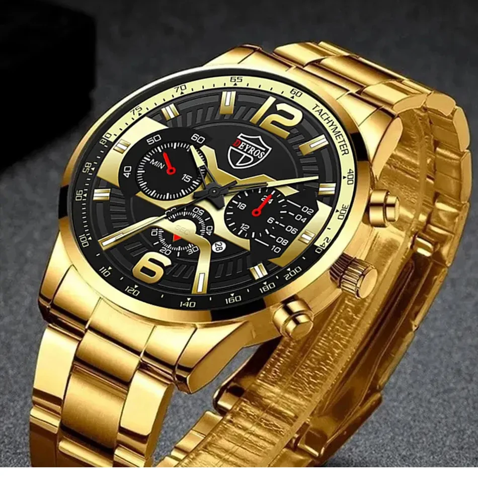 MONTRE BRACELET HOMME DEYROS DORÉE INOXYDABLE - MOUVEMENT QUARTZ - DATE - NEUVE AVEC ÉTIQUETTE