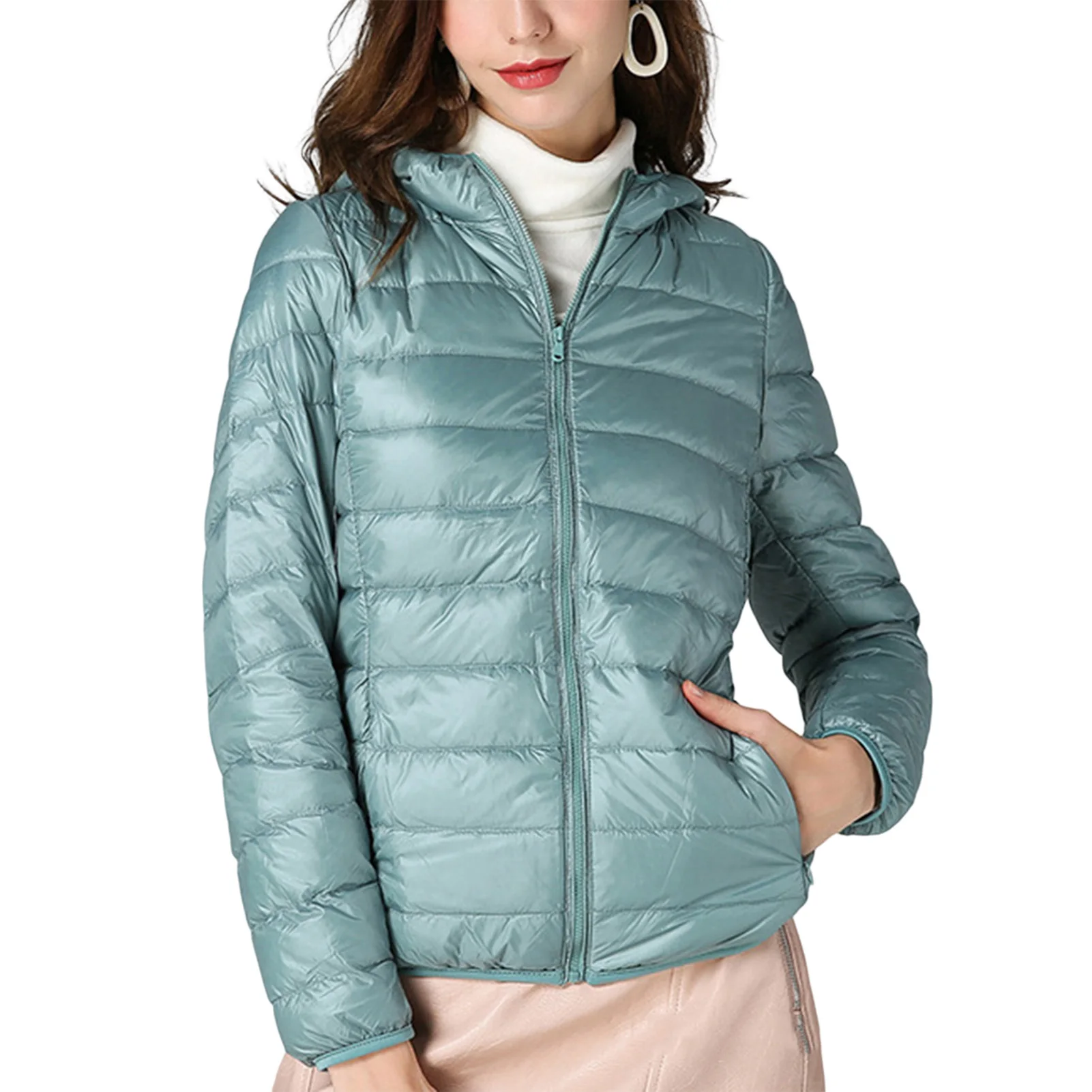 Women Plush Hooded Stand Collar Jacket Ultralight Stand Collar Puffer Down for Going Shopping Wea