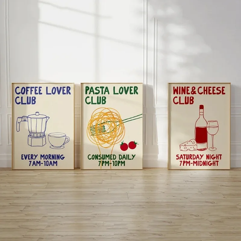 Hand Drawn Kitchen Moka Pot Coffee Pasta Lover Wine and Cheese Food Print Wall Art Canvas Painting Poster Living Room Home Decor