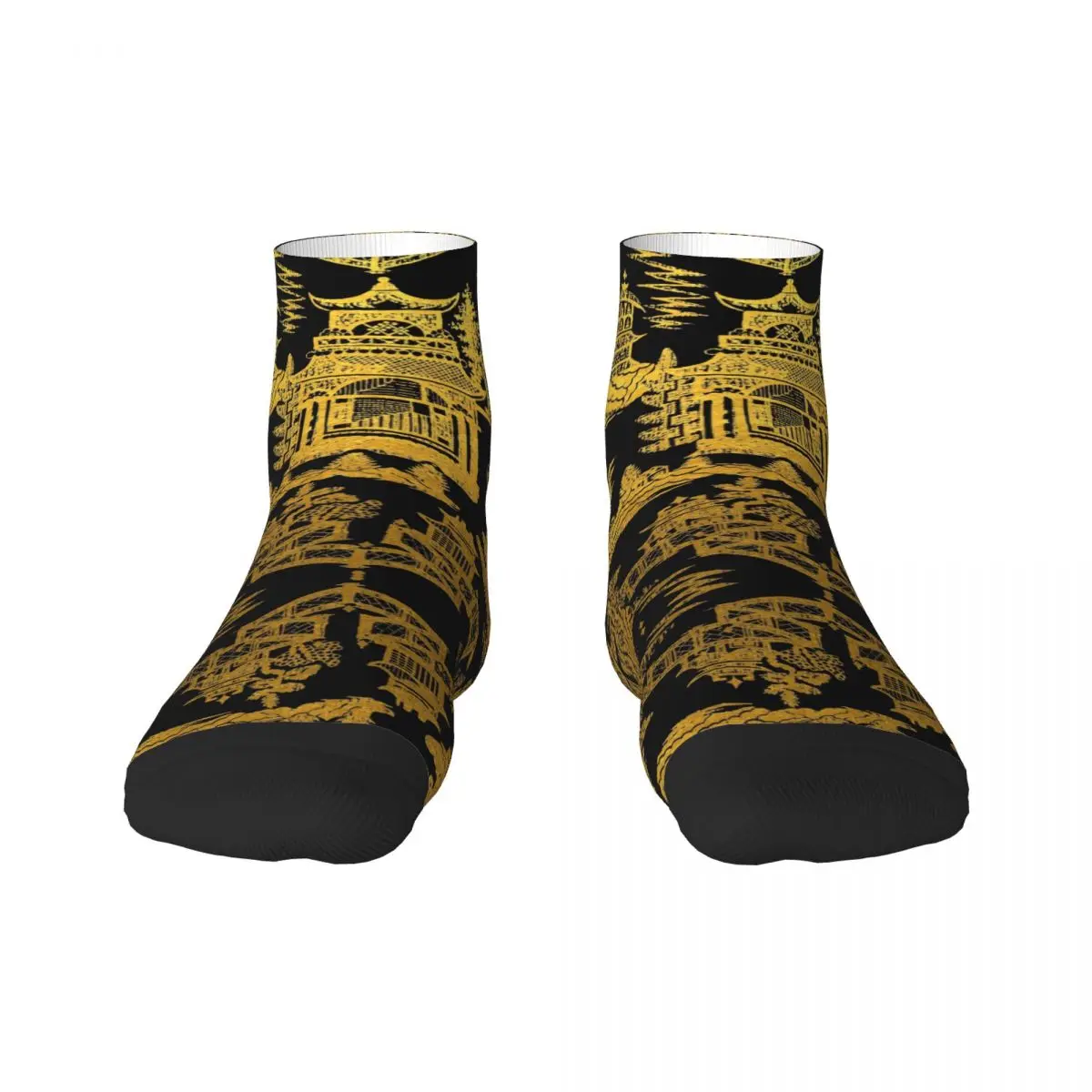 Cool Printed Gold Black Chinoiserie Pagoda Socks for Men Women Stretch Summer Autumn Winter Chinese Willow Pattern Crew Socks