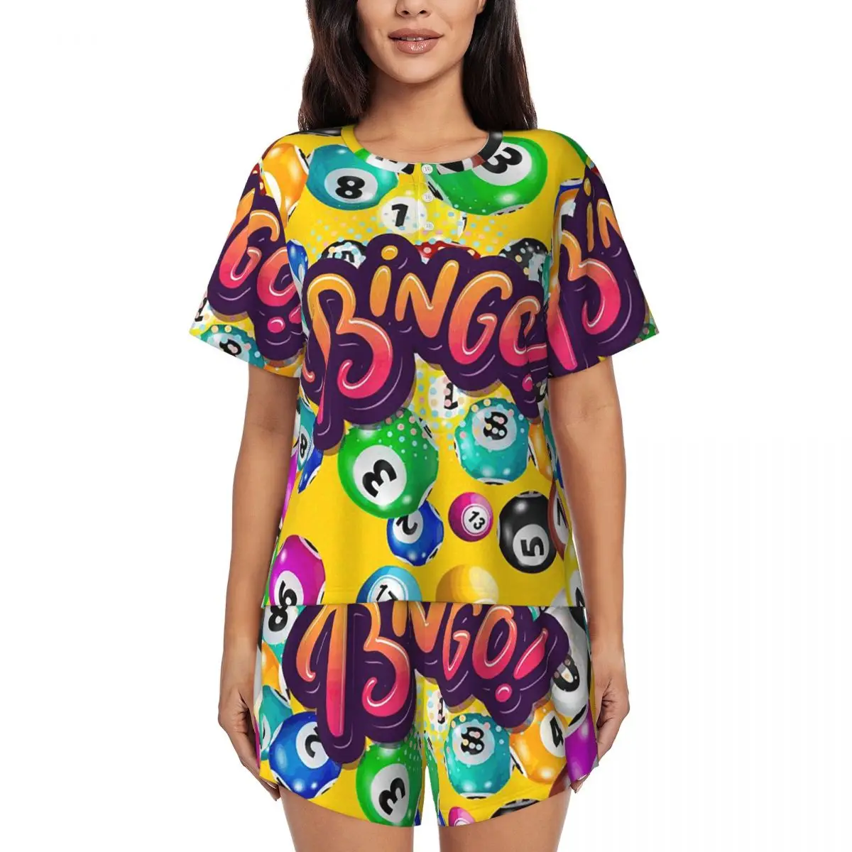 

Funny Bingo Game Round Neck Short Sleeve Nightgowns for Sleeping Sleepshirts Women Loose Pajama Set Short Pants