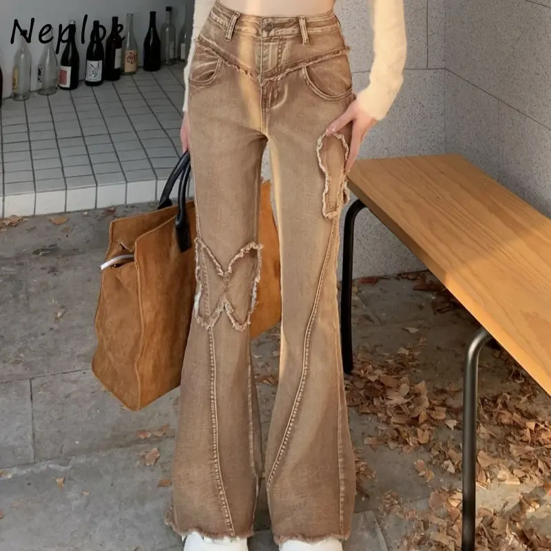 Neploe Streetwear Y2K Vintage Wide Leg Trousers Butterfly Spring Harajuku Hottie Bell-Bottoms Stretch Casual High Waist Pants