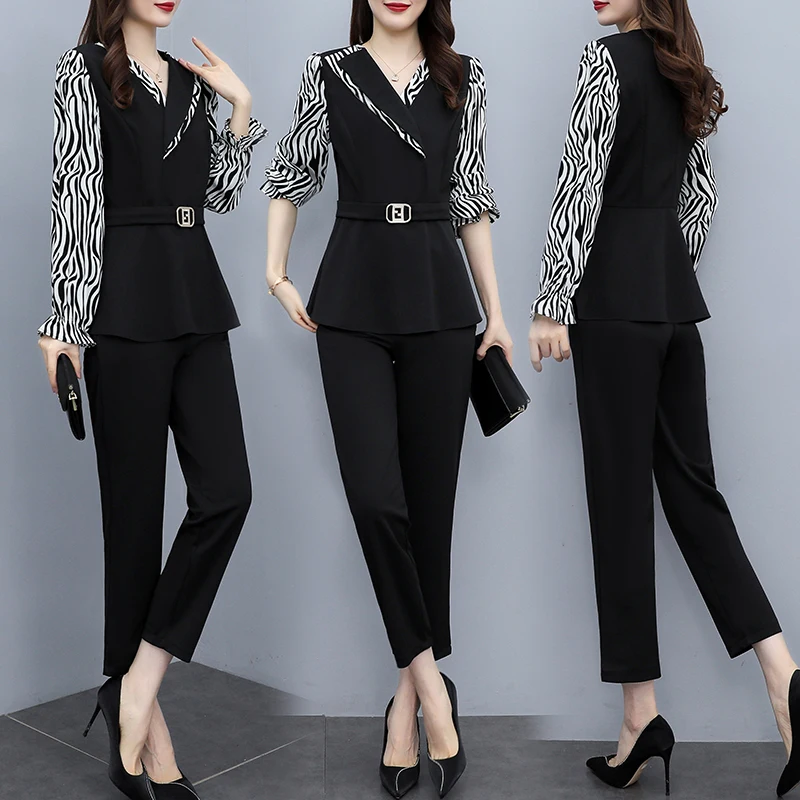 Women Leopard Patchwork Turn Collar Pants Sets 2023 New Autumn Clothes Fashion Slim Female 2 Pieces Outfits Suits High Quality