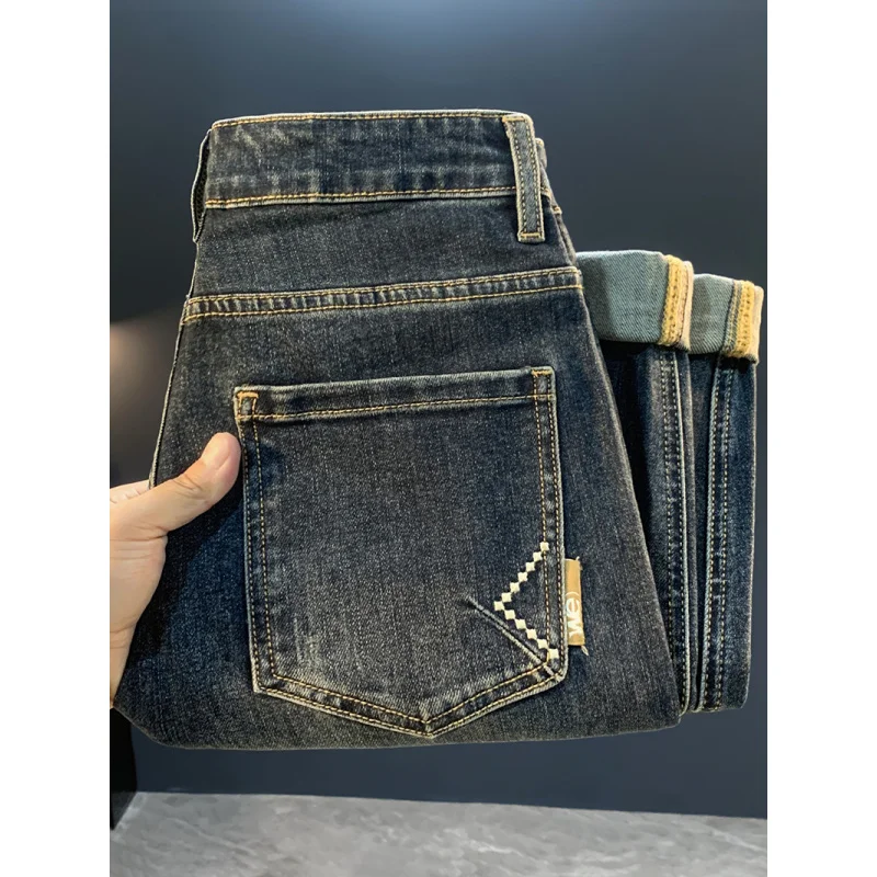 

2025 new blue tapered small leg jeans for men's autumn versatile fashion, high-end casual elastic slim fit pants