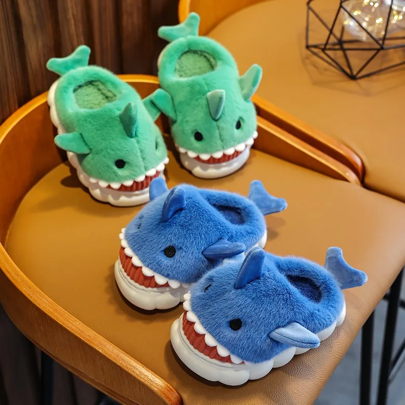 Winter children's home cotton slippers cloud thick bottom padded warm cartoon fur cover toe shark slippers