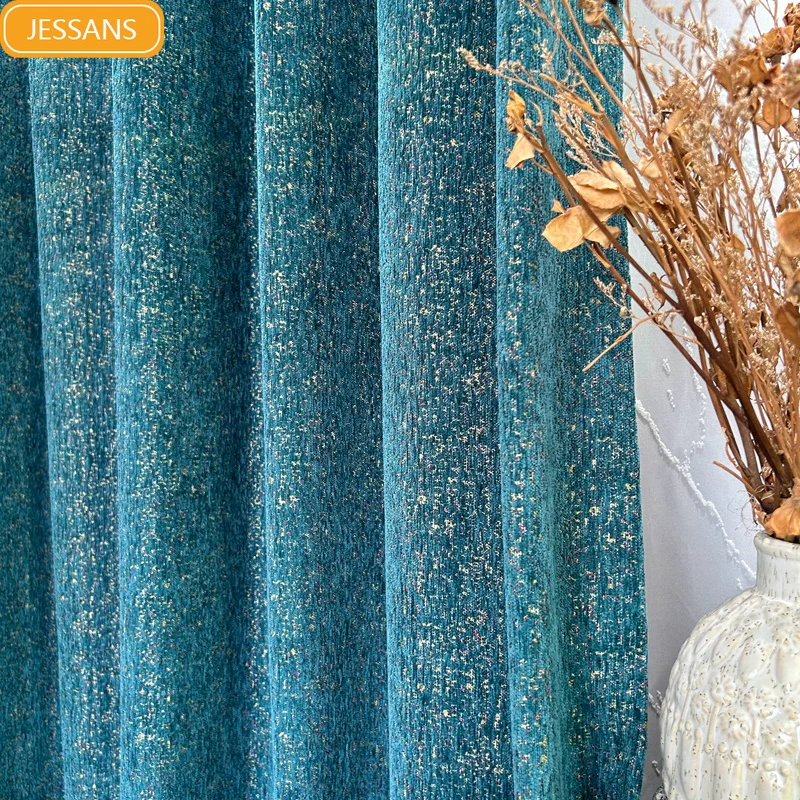 

Customized Blue Chenille Color Yarn Dyed Jacquard Thickened Blackout Curtains for Living Room Bedroom French Window Balcony