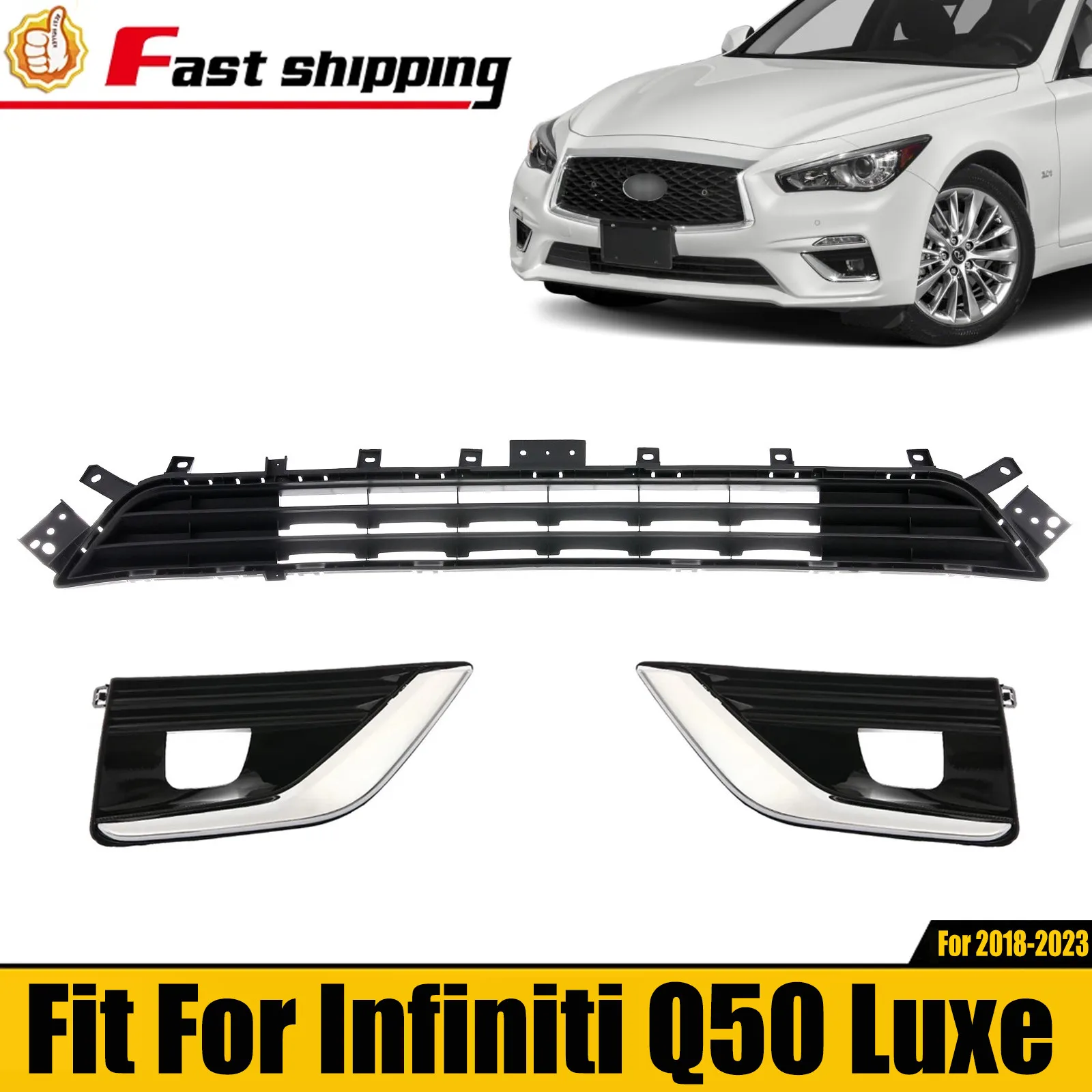 

Front Lower Grille & Fog Light Covers W/ Chrome For 2018-2022 Infiniti Q50 Luxe