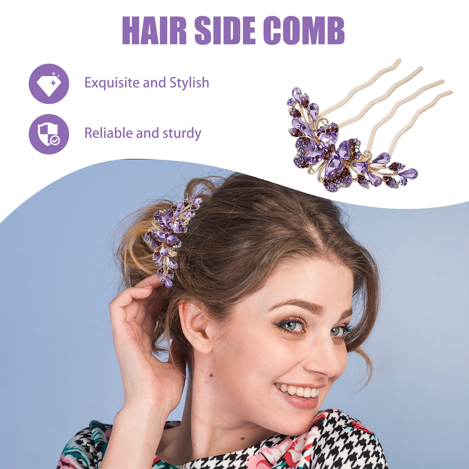 

Rhinestone Hair Clips Women Purple 4 Teeth Comb Easy Use Non Fading Decorative Combs Hair Accessories Prom Performance
