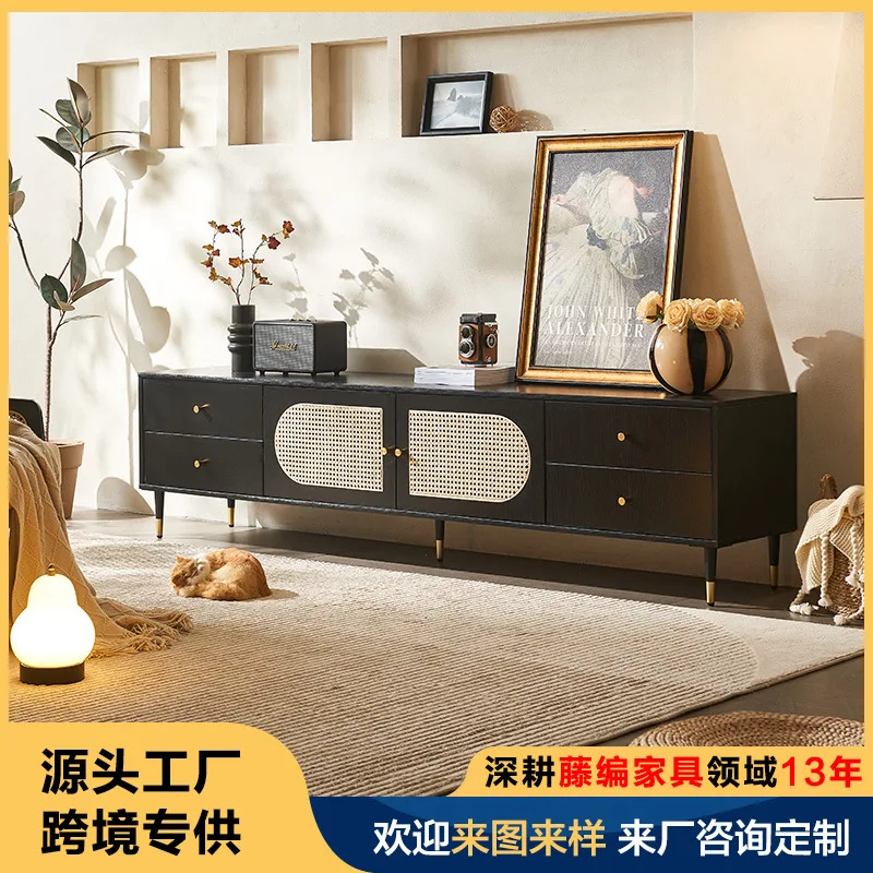 

Retro Rattan Board TV Cabinet Small Apartment Storage Cabinet Living Room Medieval Homestay Hotel Storage Cabinet