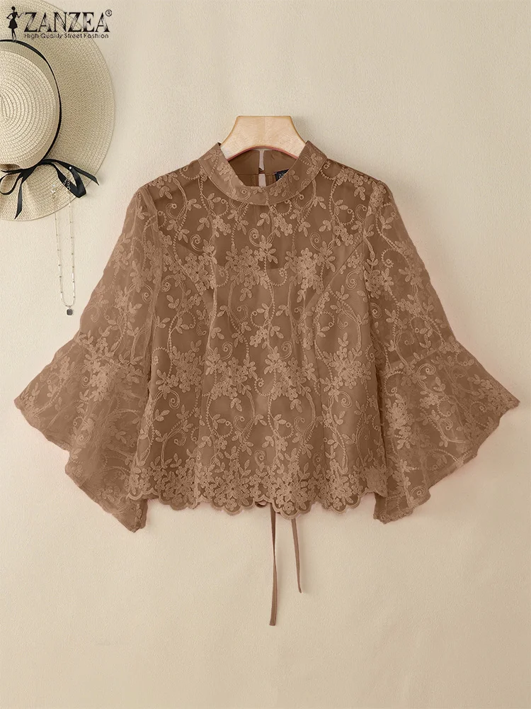 

2025 Stylish Hollow Out Holiday Shirts ZANZEA Women Elegant Lace Patchwork Blouses Summer Office Shirt 3/4 Sleeve Work OL Blusas