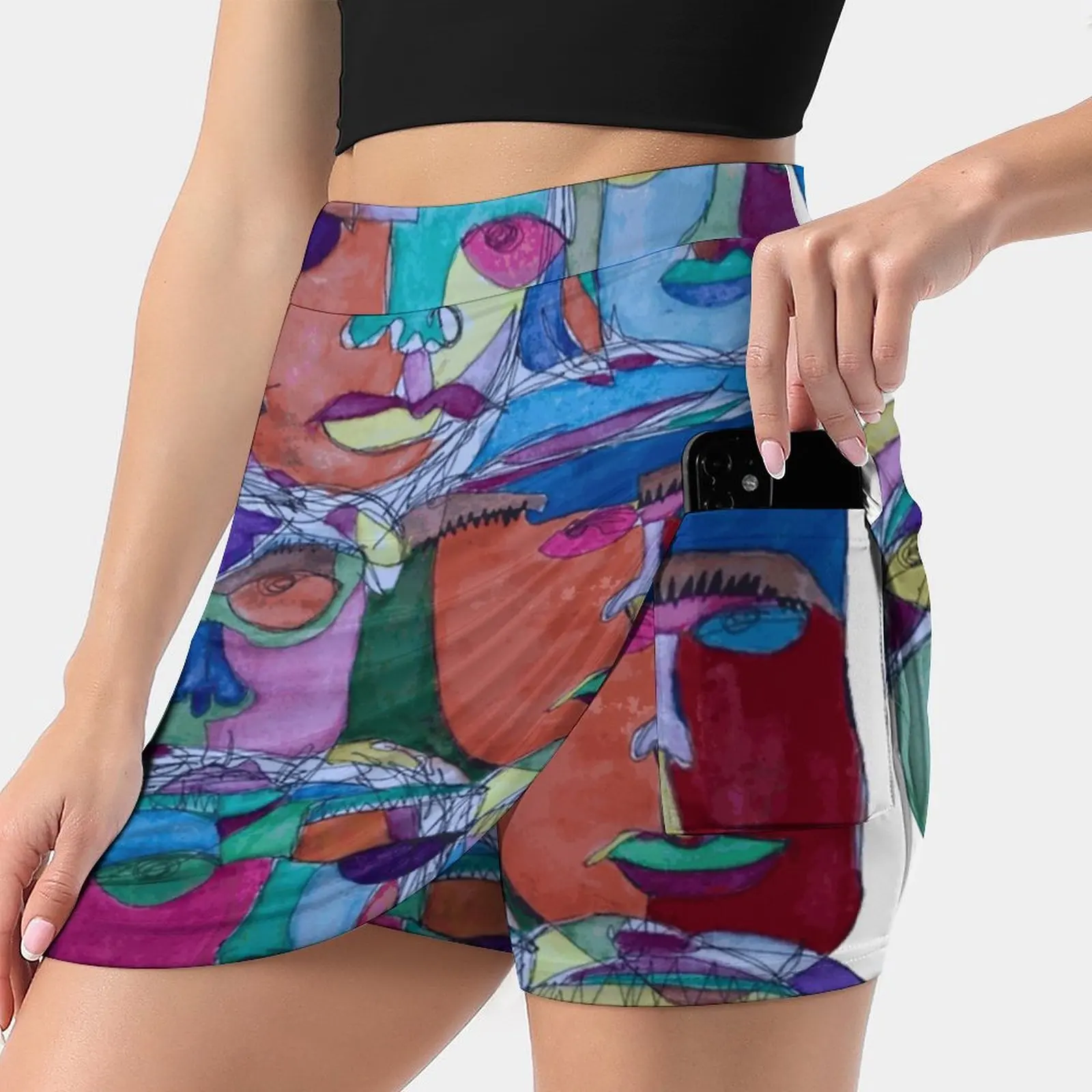 Abstract Faces Women's Fashion Sporting Skirt With Pockets Tennis Golf Running Skirts Abstract Faces Watercolor Unique Colorful