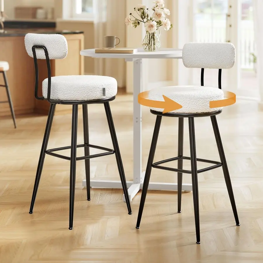 

360 Swivel Bar Stools Set of 2, Bar Height Bar Stools with Back, Boucle Fabric, Contemporary Modern, 30.1 Inch Tall, Kitchen and