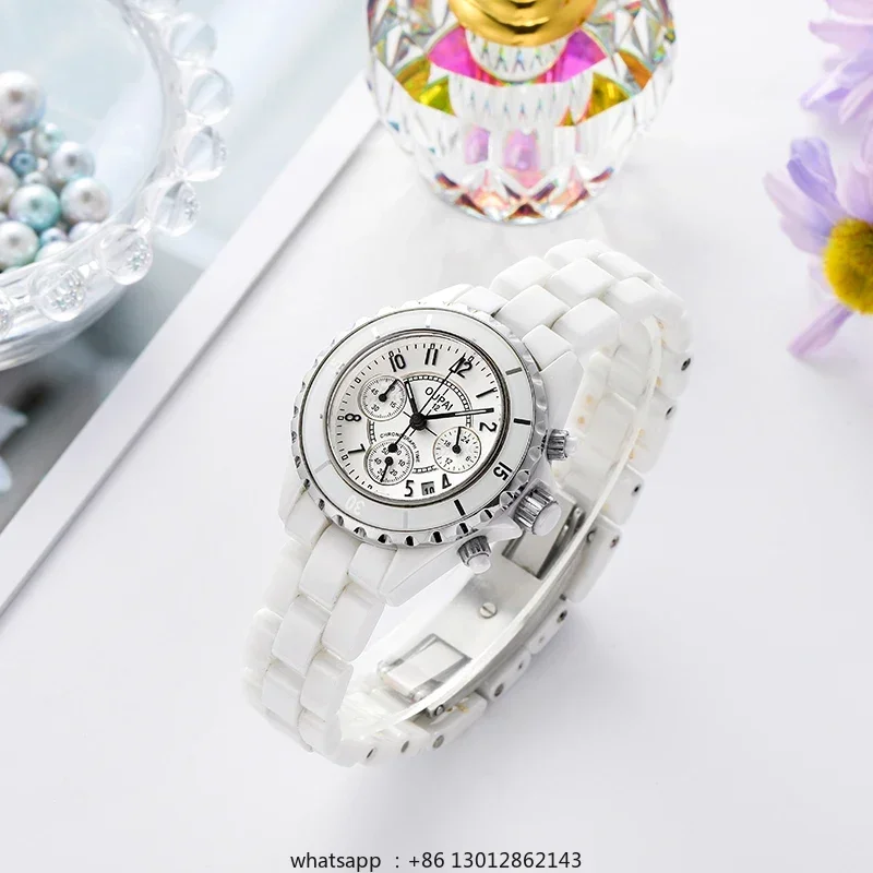 2023 New White Ceramic Sports Chronograph Ladies Watch Water Ghost Waterproof Luxury Quartz Women's Watch Korean Edition