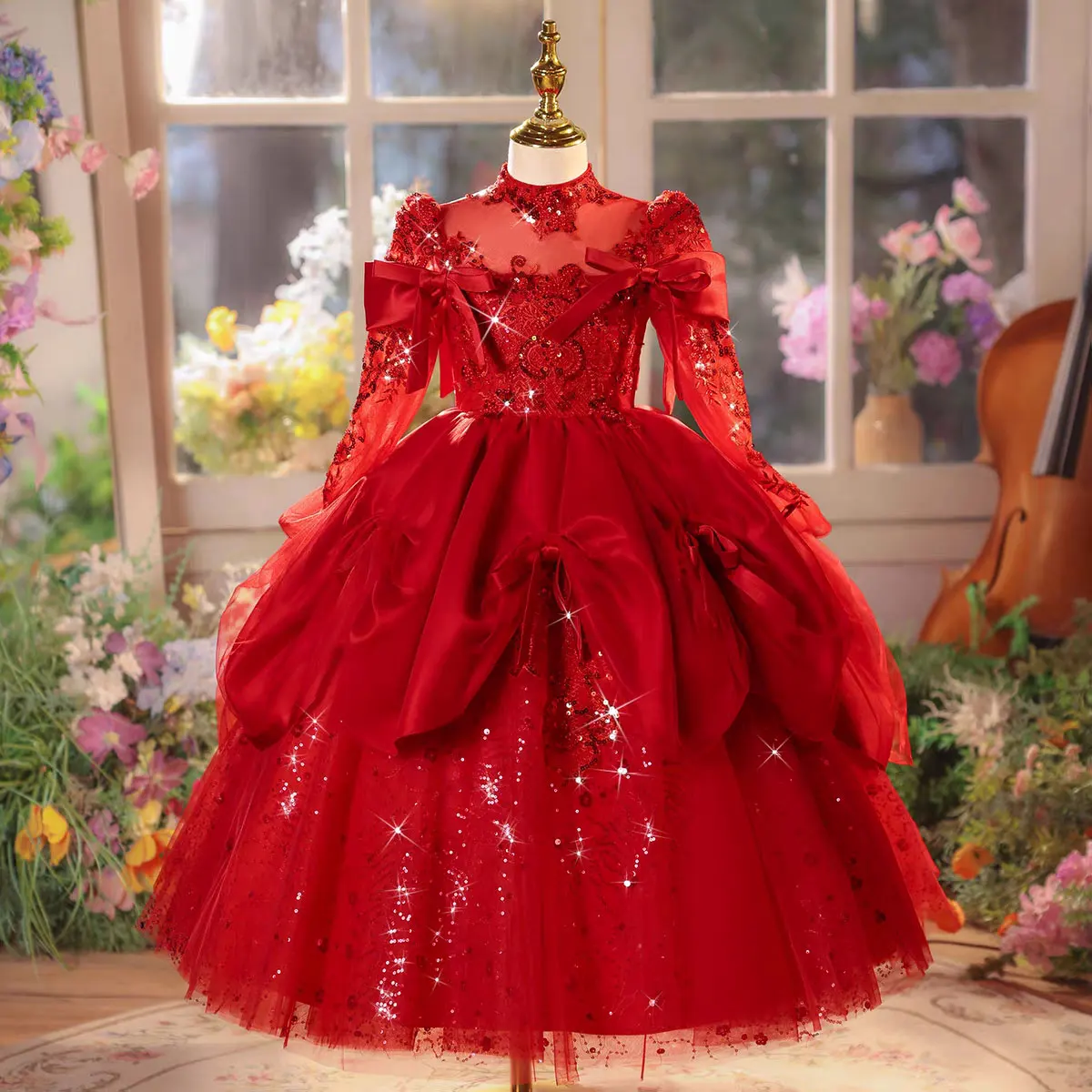 Jill Wish J609 Luxury Red Dress Long Sleeve Sequin Lace Big Bow Ball Gown Flower Girl Festival Birthday Wedding Party Pageant