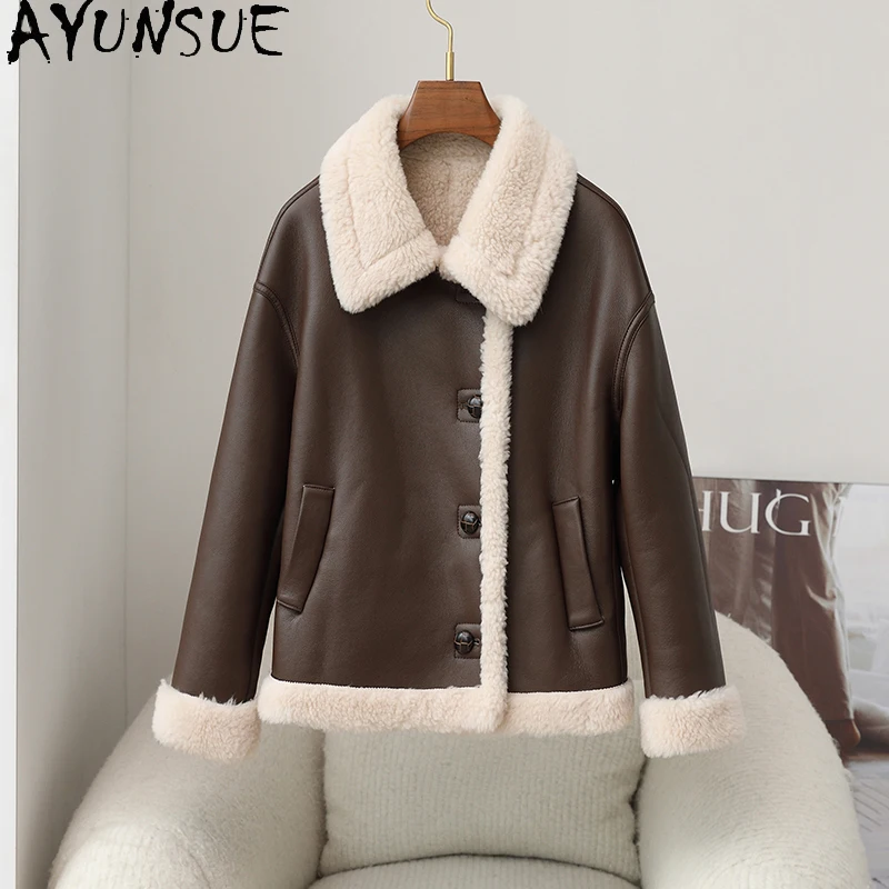 

AYUNSUE Winter Jackets for Women 2023 Fashion 100% Wool Lining Coat Female Short Sheep Shearing Jackets Motorcycle Wear Casacos