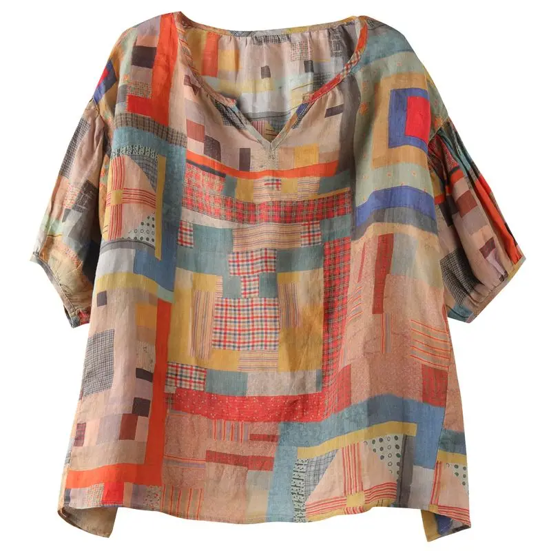 Women\'s Clothing 2024 Summer Fashion Vintage Geometric Print Oversized T-shirts Female Casual V Neck Short Sleeve Irregular Tops
