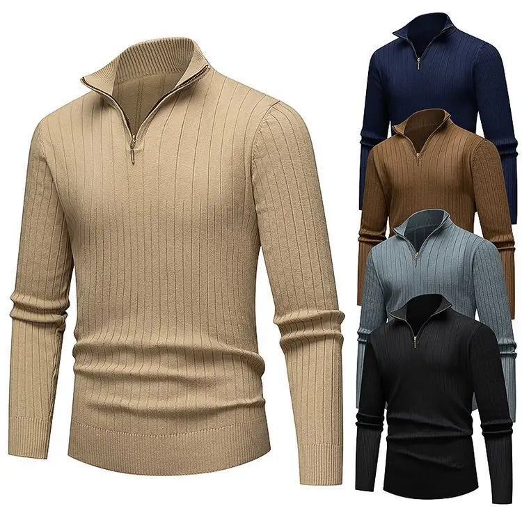 

Long Sleeve Stand-Up Collar Solid Color Men's Half Zipper Foreign Trade Simple Casual Solid Color Knitted Sweater