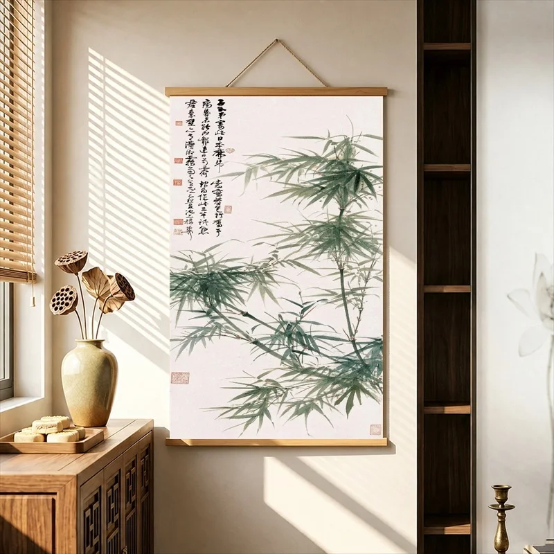 Wall Decor Bamboo and Birds on Antique Paper, Chinese Botanical Pearlescent Canvas Hanging Scroll for Tea Ceremony Classroom