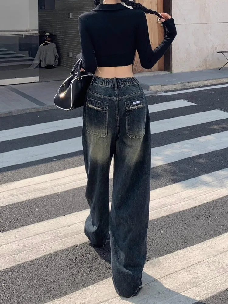 American Vintage High Street High Waist Jeans Women\'s Casual 2000s Straight Pants Baggy Y2K Wide Leg Grunge Style Denim Trouser