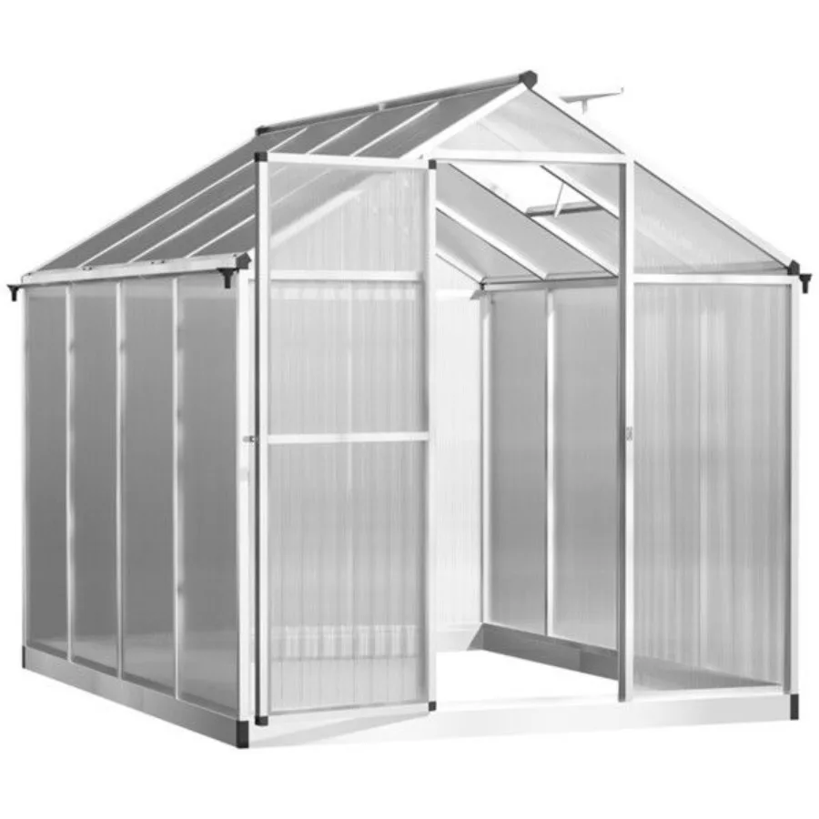 

8ftx6ft walk-in polycarbonate greenhouse with roof vent for gardening, transparent polycarbonate panels, silver-gray frame, UV-
