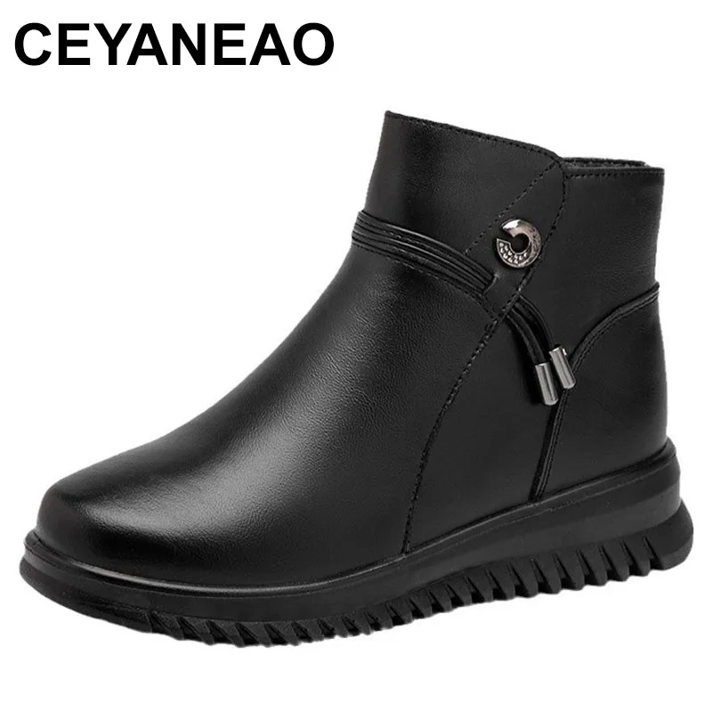 

Solid Black Women Snow Boots Metal Classic Furry Winter Shoes Female Ankle Boots Plus Size Ladies Leather Booties