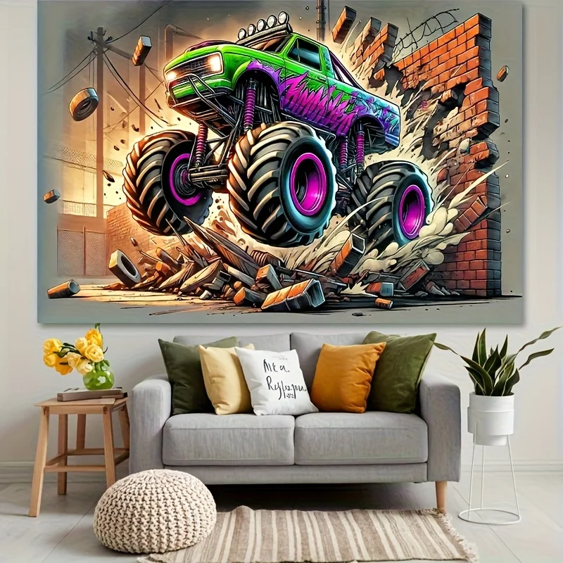 2D Flat Monster Truck Wall Crash Tapestry Vibrant Polyester Party Decor For Birthdays Weddings Photo Booths  Indoor