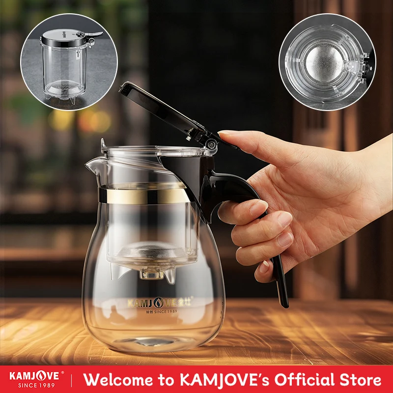 KAMJOVE 600-700ml Glass Tea Pot with Infuser,304 Stainless Steel For Filter,Tea Separation Kettle Press Pot,Press Art Tea Cup