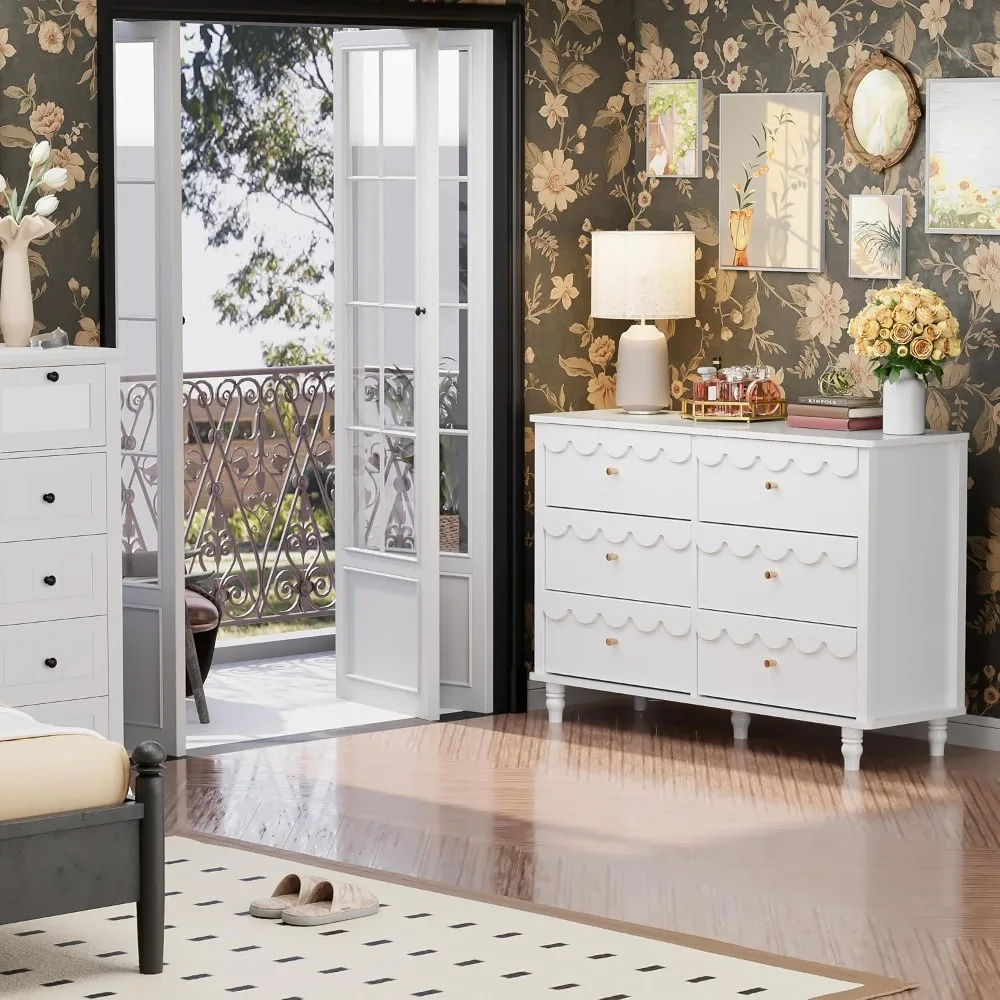 خزانة ملابس بيضاء مكونة من 6 أدراج لغرفة نوم الفتيات، خزانة ذات أدراج واسعة حديثة، منظم تخزين صدفي مع أدراج، مخدد P