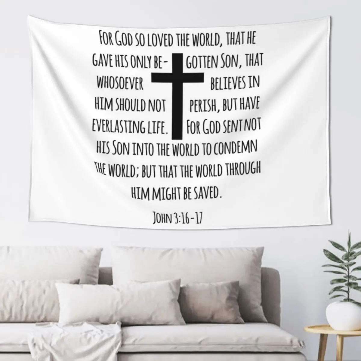 

John 3:16-17, For God So Loved the World, Cross Tapestry Room Decor Cute Room Design Tapestry