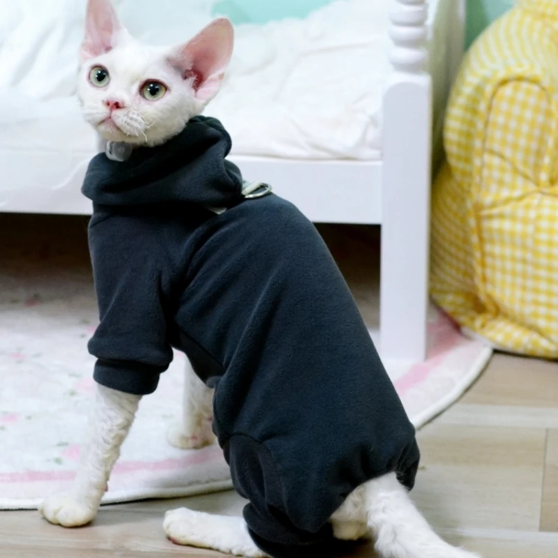 Black Fleece Hooded Sweatshirt for Hairless Cat Winter 4-legged Coat with Pull Tab Sphynx Cat Jacket Devon Rex Warm Loungewear