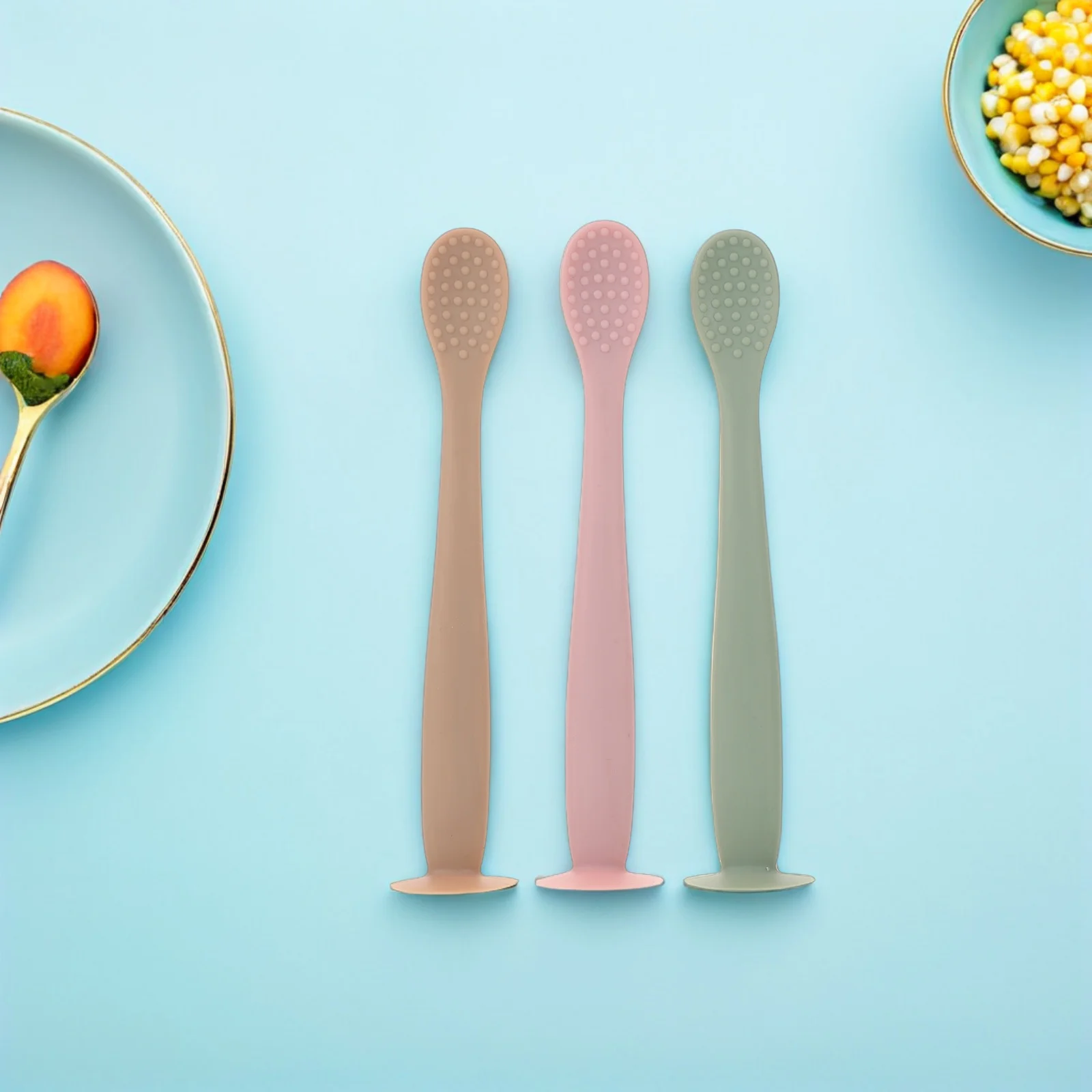طقم ملاعق سيليكون مكون من 3 قطع، ملمس ناعم لأدوات تناول الطعام في المرحلة الأولى، ملعقة للأطفال الصغار، حرارة عالية #2