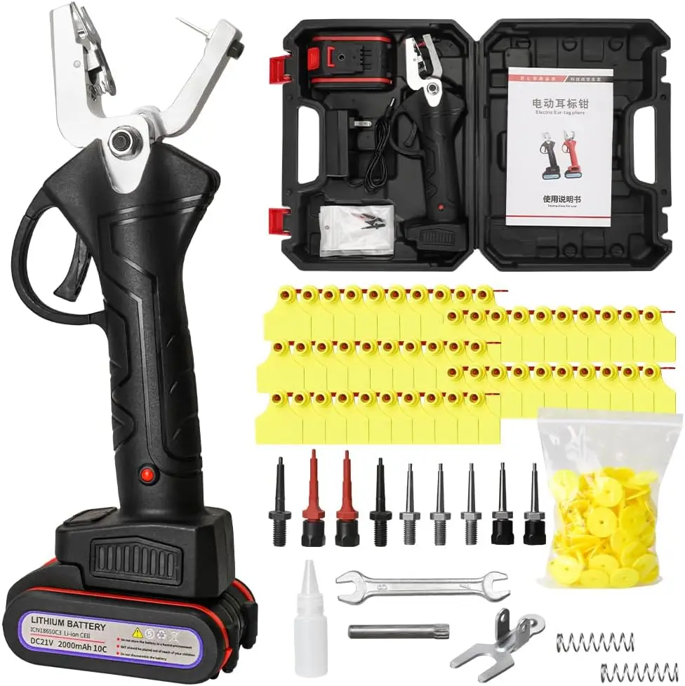 牛、羊、豚用の充電式電動耳タグ装着器で、楽々家畜タグ付け