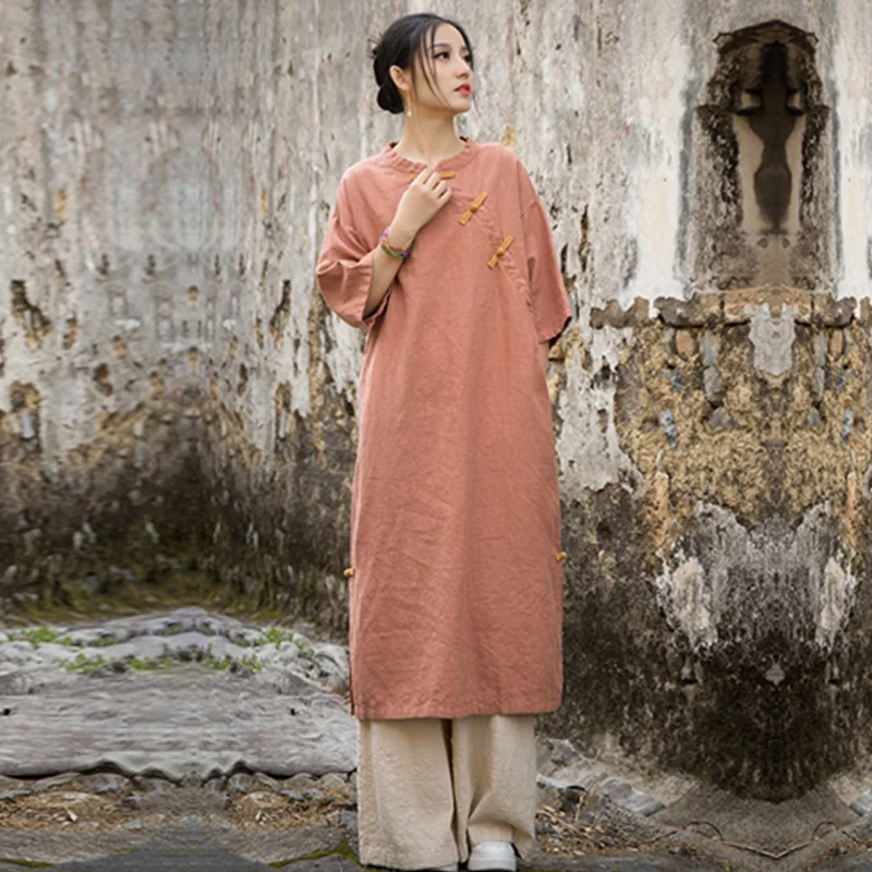 

short - sleeved Dress Long-Length Literature and Art Retro Spring Summer Cotton and Linen Loose Thin National Style