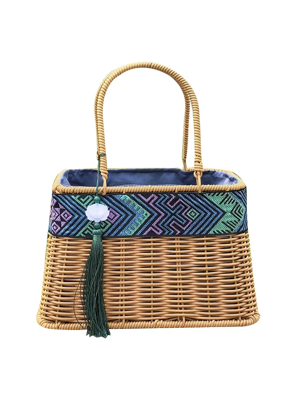 

Плетеная сумка из ротанга с этнической вышивкой, повседневная пляжная сумка, реквизит для фотосессии, универсальная женская сумка