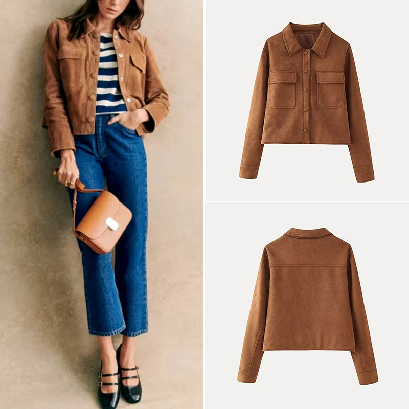 

Весна 2025 г., женская модная замшевая куртка Ele Suede, универсальная верхняя одежда из полиэфирного волокна, 00% подходящая для всех сезонов