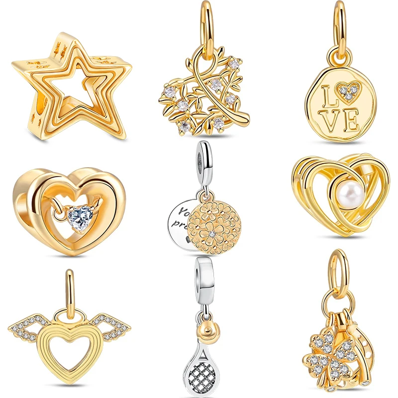 

New Gold Series Family Tree Angel Heart Wings Stamp Star Dangle Charm Conch Fit Original Pandora Bracelet Women Jewelry DIY