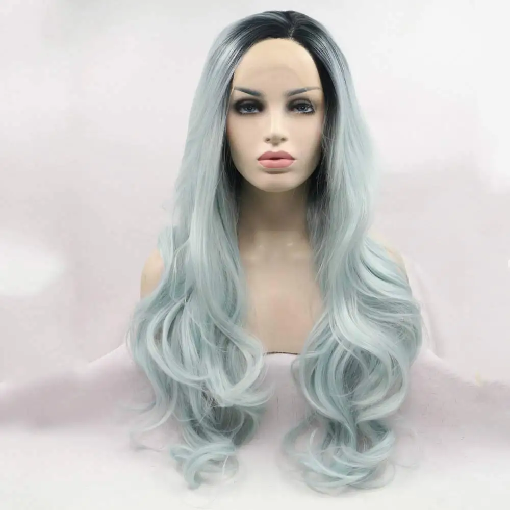 Sylvia Wigs Ombre Mint Wig With Dark Roots Long Wavy Synthetic Lace Front Mixed Green Body Wave Hair Heat Resistant Fiber Wig