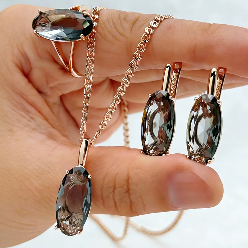 

Kinel Grey Big Oval Wedding Ring Earrings Necklace for Woman Fashion 585 Rose Gold Color High Quality Daily Fine Jewelry Sets