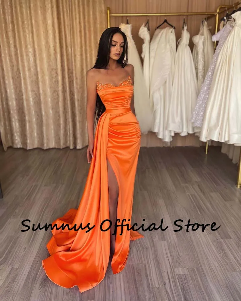 Sumnus Orange Sweetheart Mermaid Prom Dresses Sequins Coset Side Split Sexy Evening Party Dress Pleats Satin Women Formal Gowns