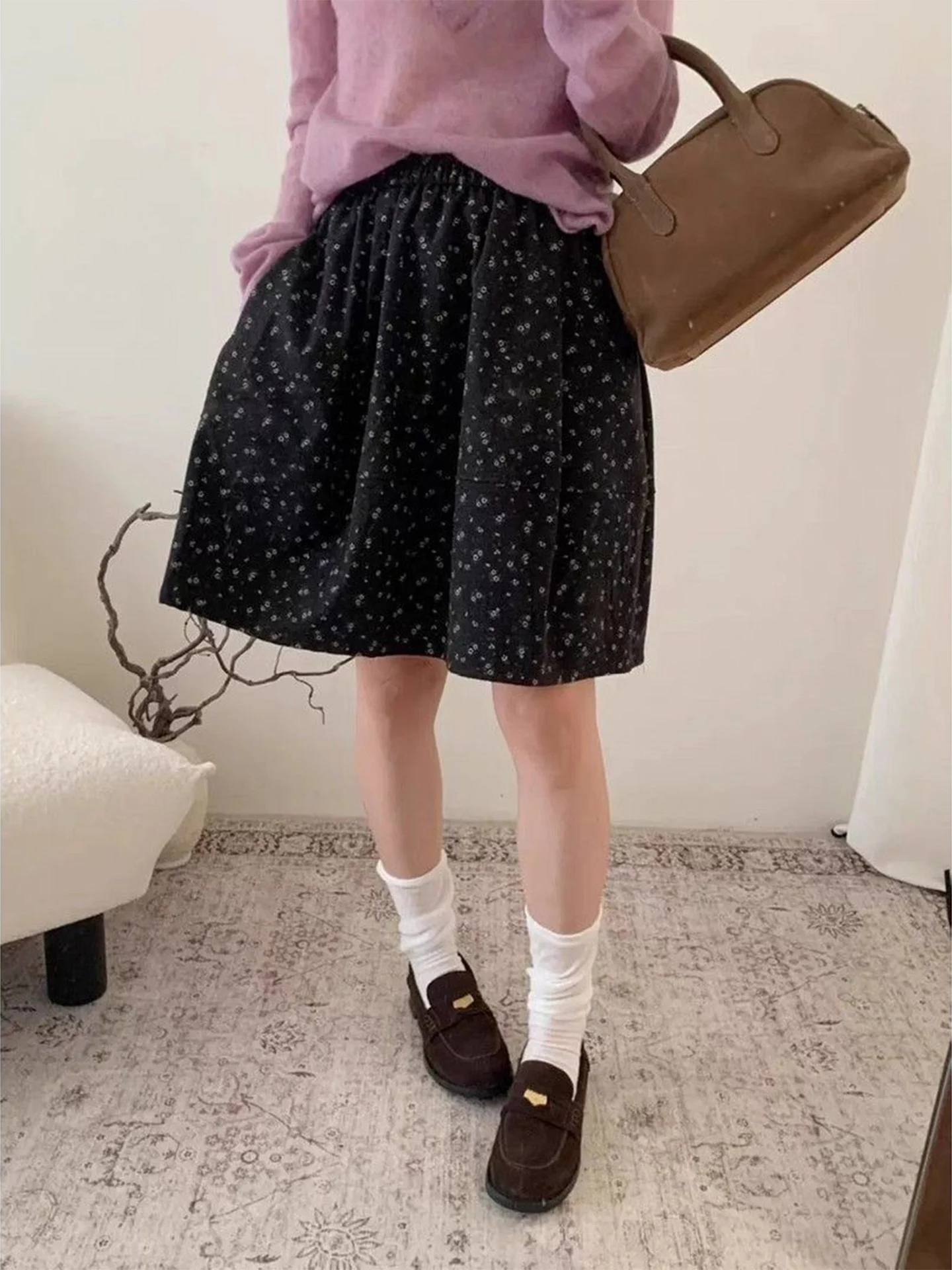 Korean Style High Waist Floral Embellished Flocking Half Skirt Women's A-Line Midi Skirt Slimming Vintage Print Skirt