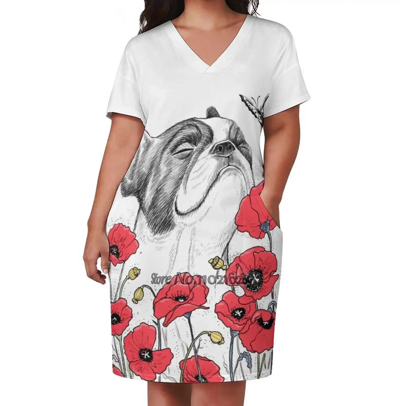 Pug In Flowers Design Print Dress Short Sleeve V-Neck Fashion Skirt Thin Short Sleeve Skirts Pug Dog Flowers Spring Pleasure