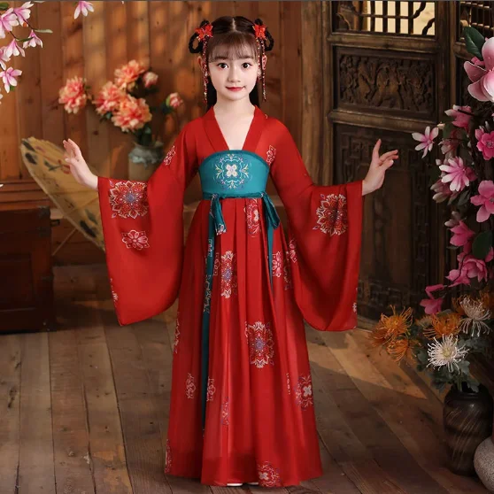 Fato de Hanfu para menina chinesa infantil, antiga super fada, vestido de princesa da menina, estilo antigo, palco